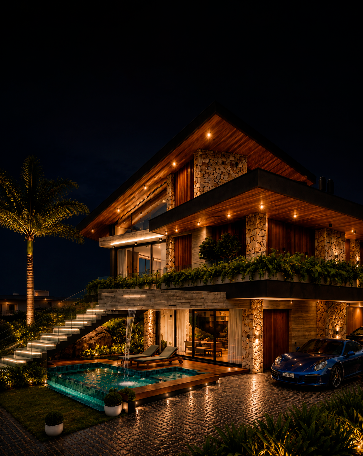 Fachada noturna da Minerva Haus com pedra, madeira e iluminação cênica