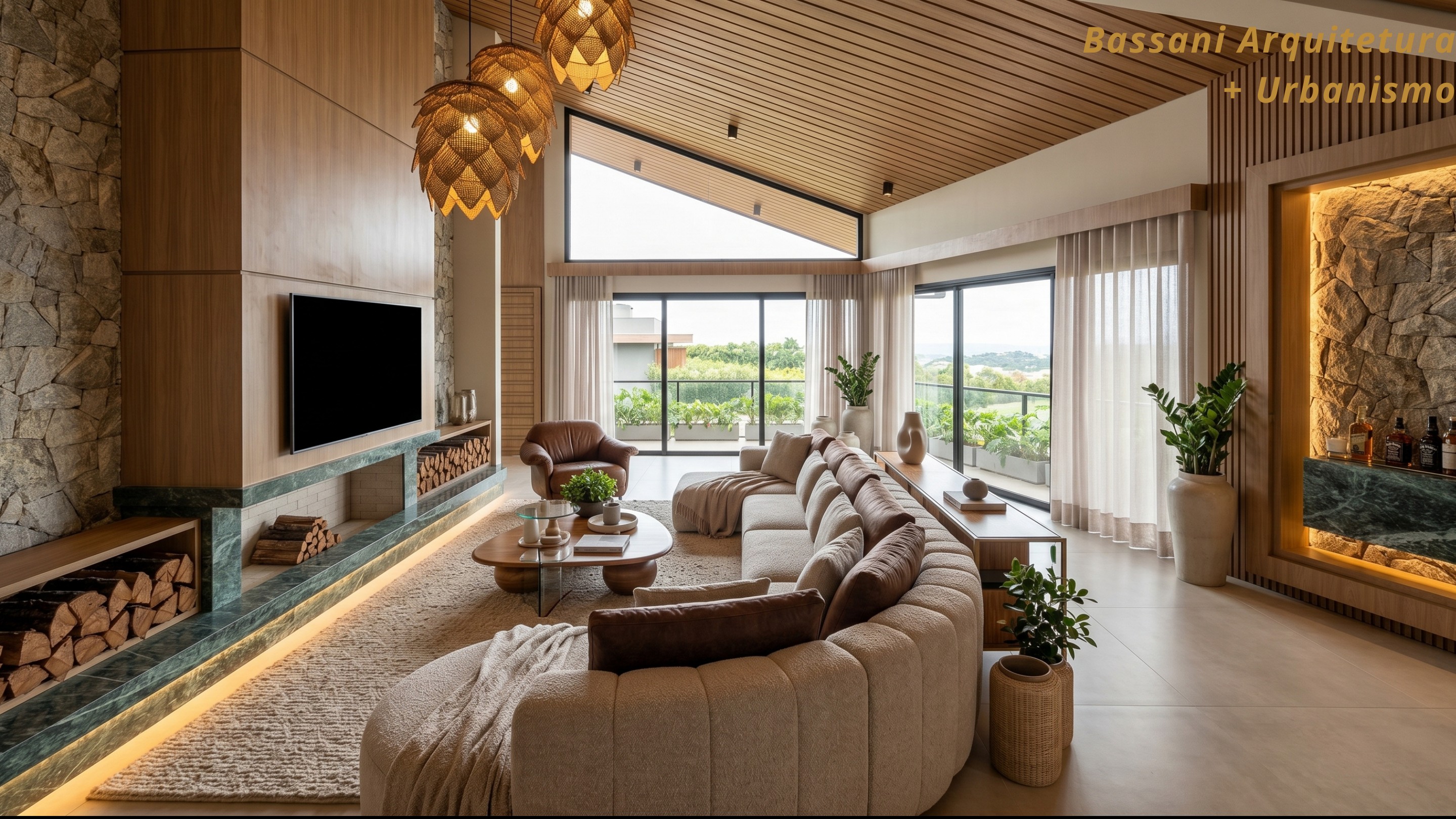 Estar interno da Minerva Haus com madeira, pedra e grandes aberturas