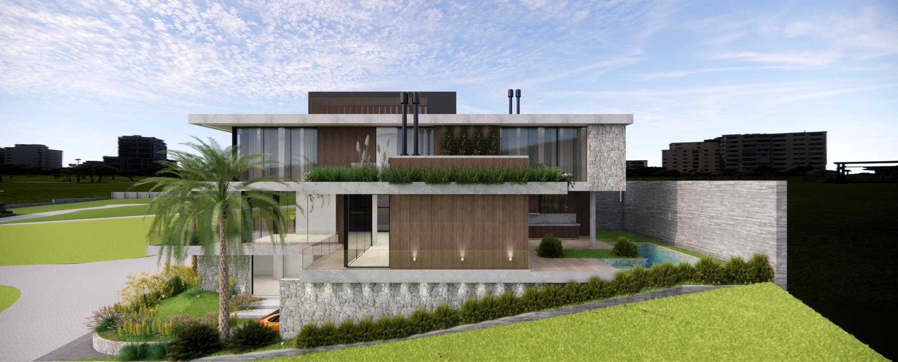 Fachada lateral da Aura Simple Luxury com terraço verde, pedra, madeira e piscina