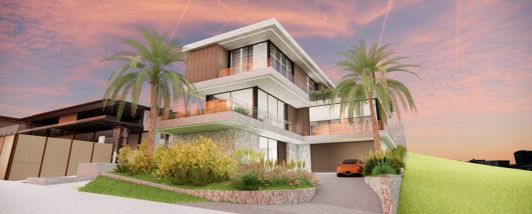 Fachada principal da Aura Simple Luxury com volumetria, pedra e paisagismo