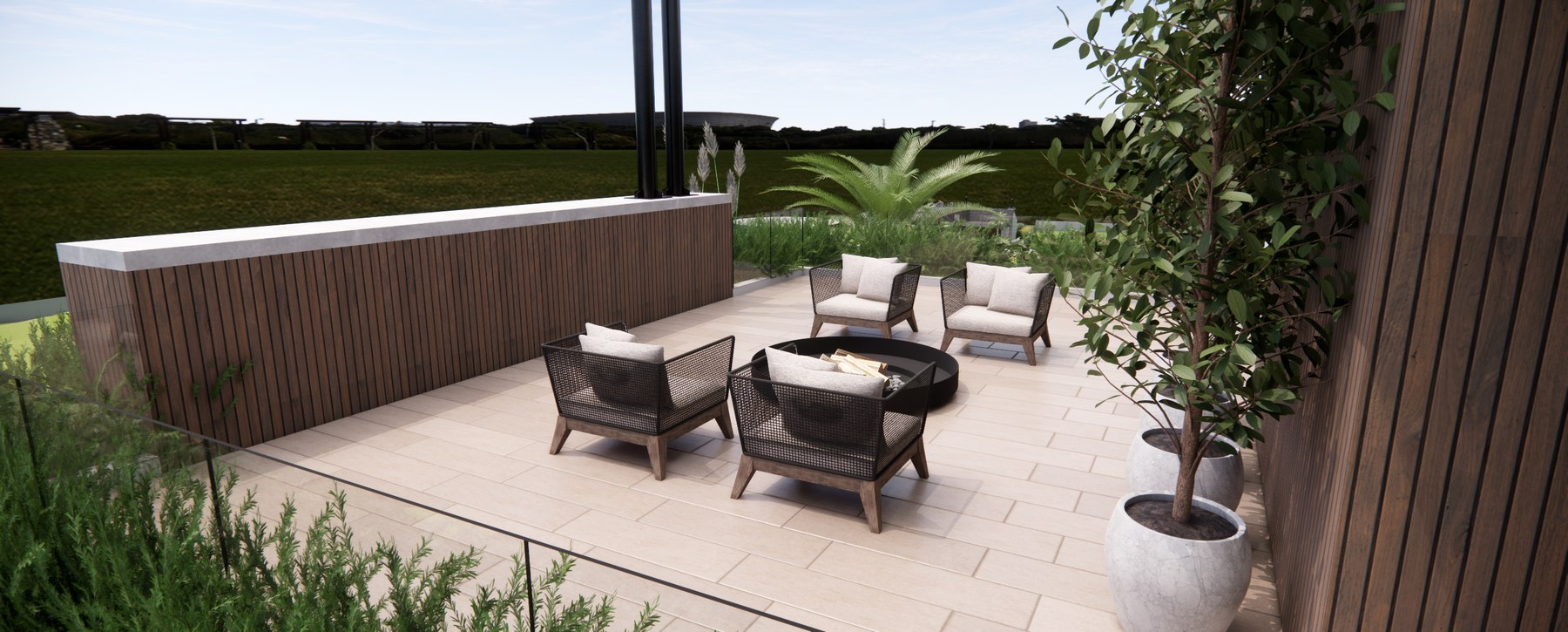 Terraço externo da Aura Simple Luxury com sofás e área de permanência