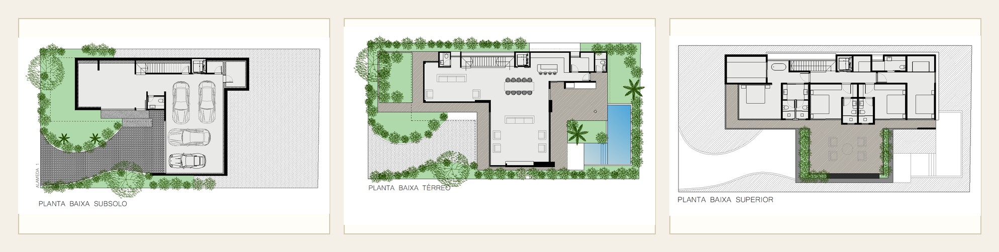 Colagem com plantas baixas do subsolo, térreo e pavimento superior da Aura Simple Luxury