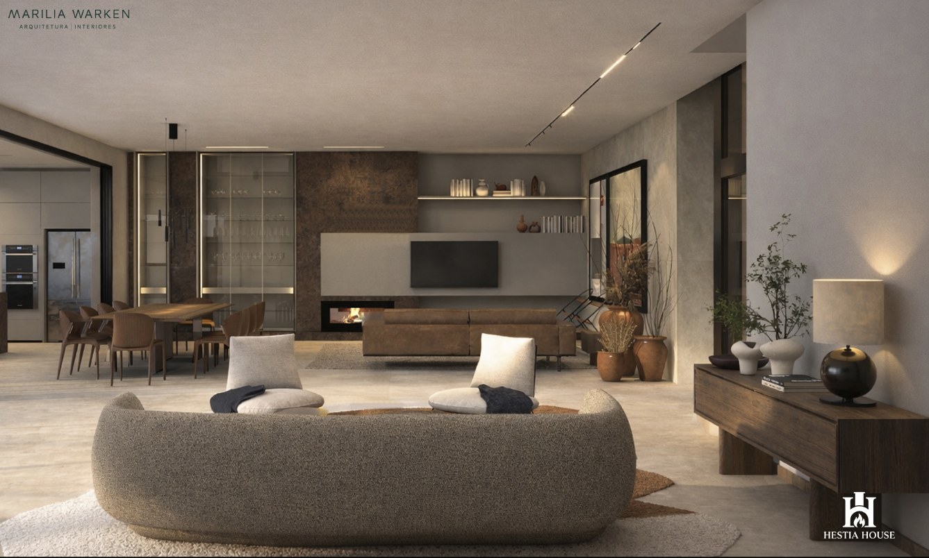Living da Hestia House com madeira, pedra e integração visual