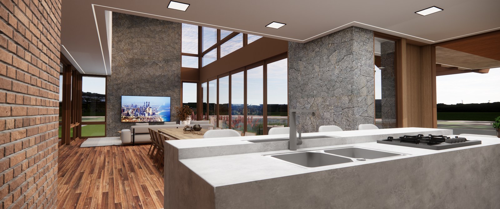 Interior da Zenitte Haus com pé-direito duplo