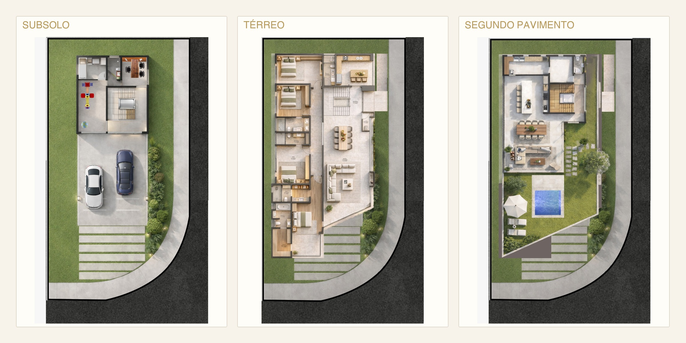 Plantas arquitetônicas da residência Wonderful em subsolo, térreo e segundo pavimento